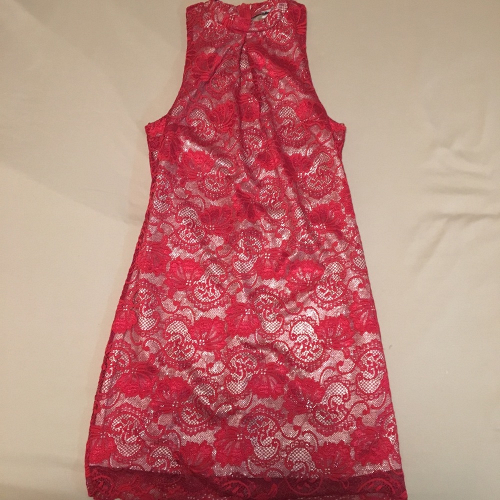 red lace dress and gold background